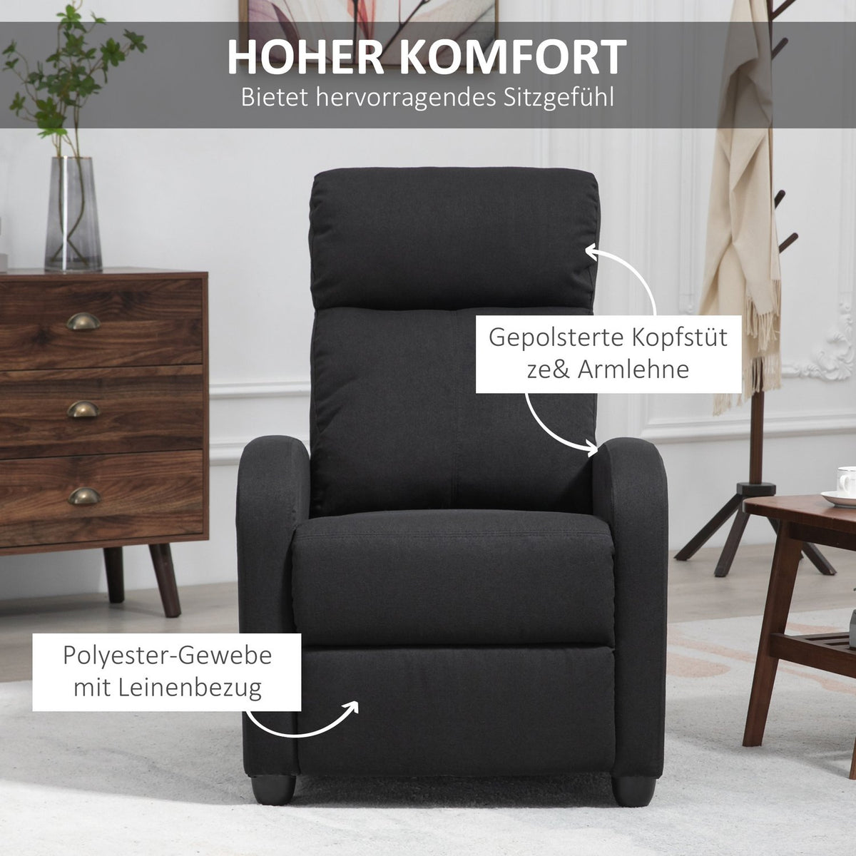 Relaxation chair TV chair with reclining function, linen look, upholstered TV chair with footrest, for living room, bedroom, black