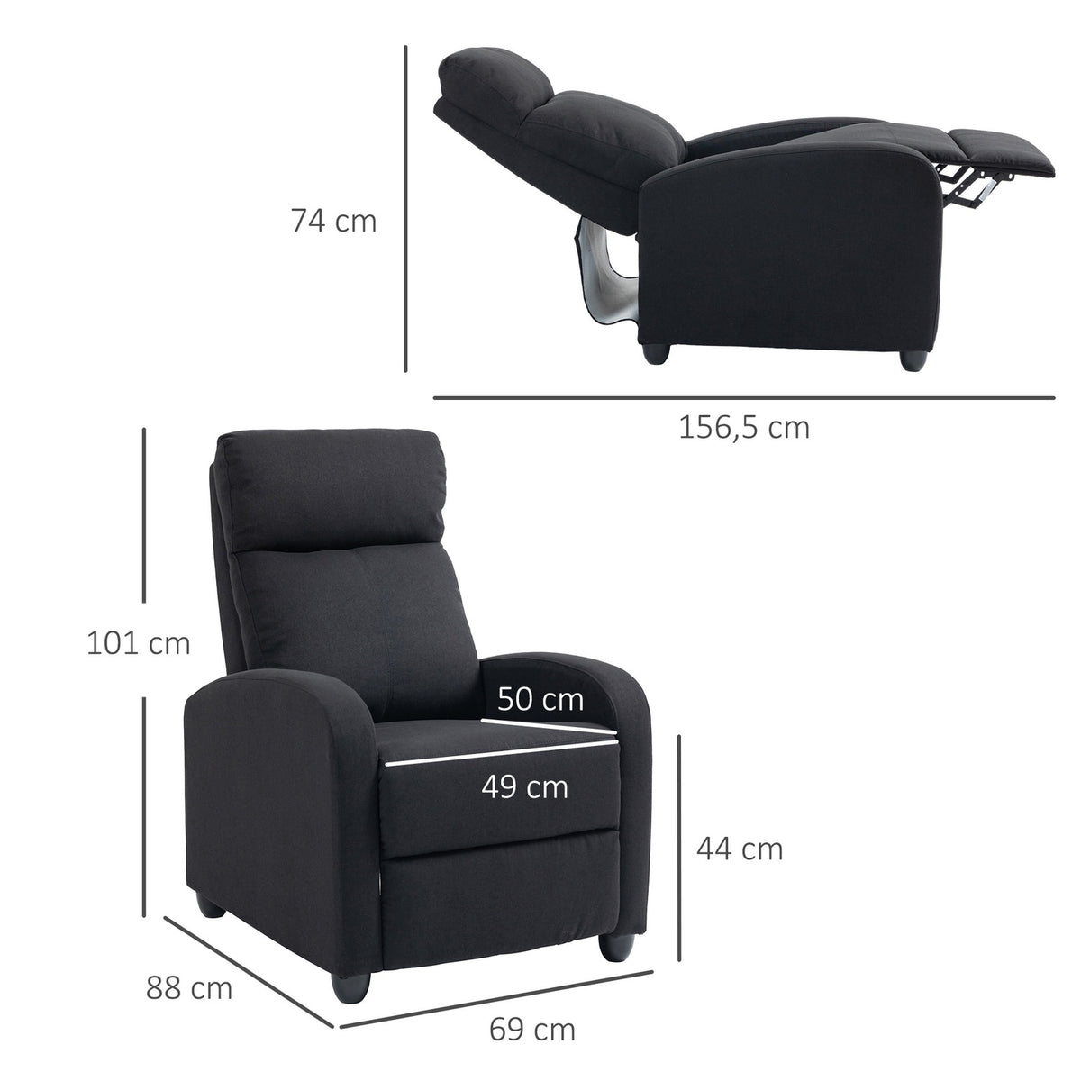 Relaxation chair TV chair with reclining function, linen look, upholstered TV chair with footrest, for living room, bedroom, black