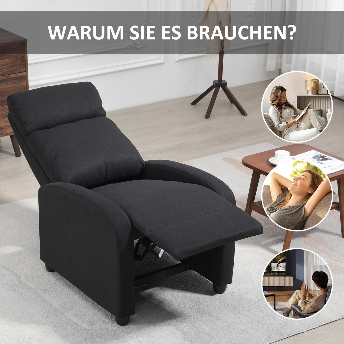 Relaxation chair TV chair with reclining function, linen look, upholstered TV chair with footrest, for living room, bedroom, black
