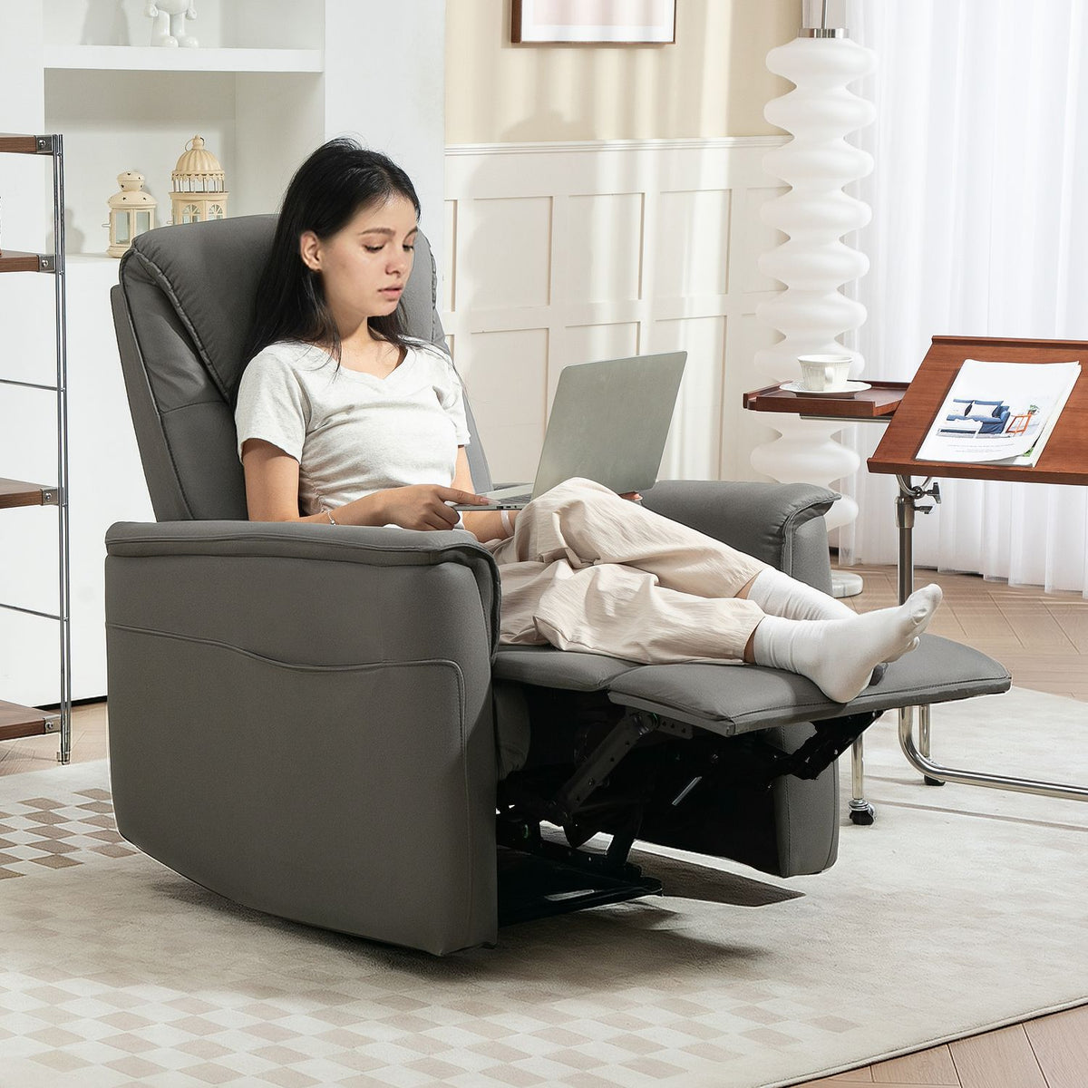 Relaxation chair, TV chair with reclining function, pocket spring core, upholstered TV chair with footrest, side pocket, for living room, bedroom, light gray