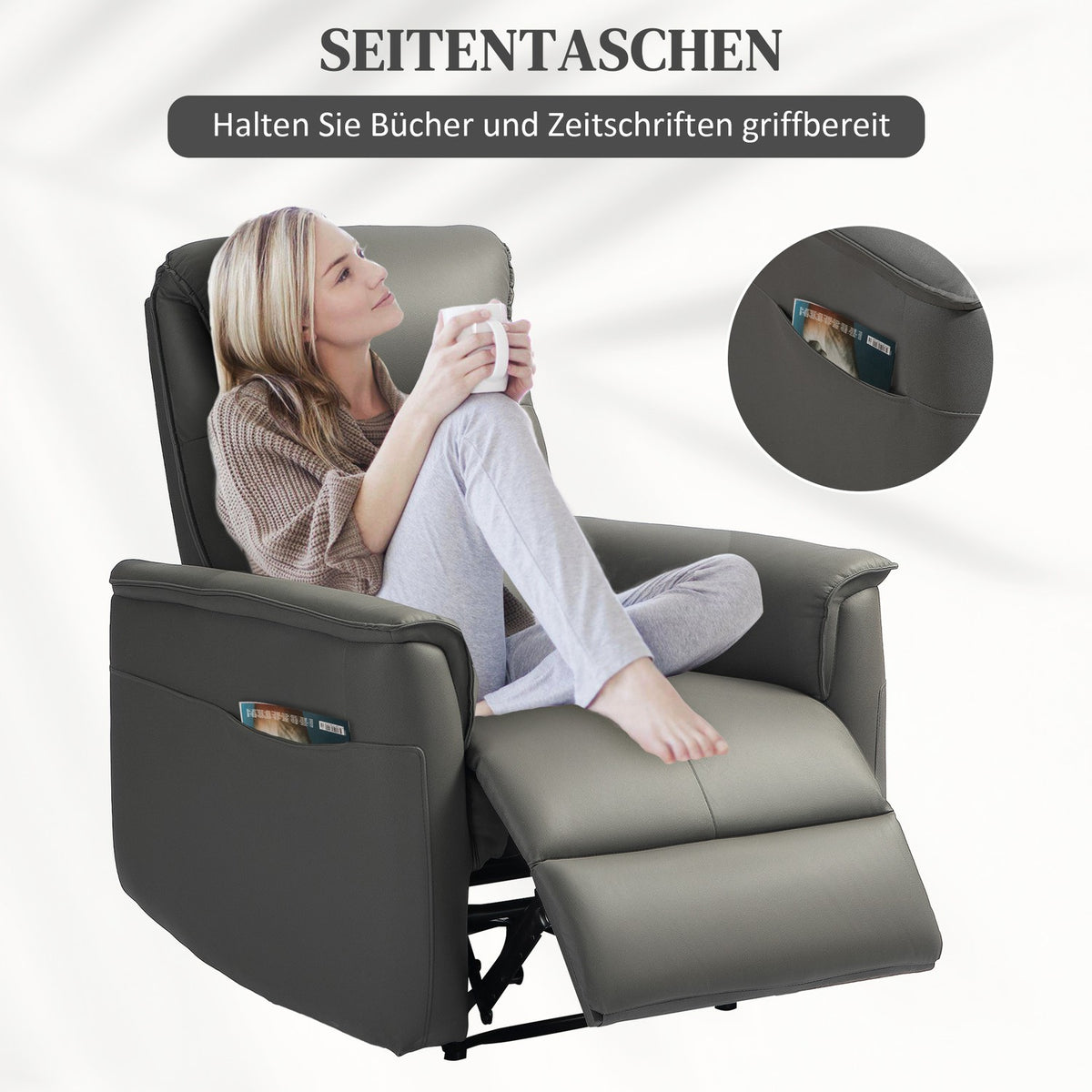 Relaxation chair, TV chair with reclining function, pocket spring core, upholstered TV chair with footrest, side pocket, for living room, bedroom, light gray