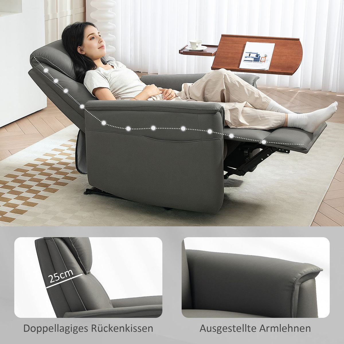Relaxation chair, TV chair with reclining function, pocket spring core, upholstered TV chair with footrest, side pocket, for living room, bedroom, light gray