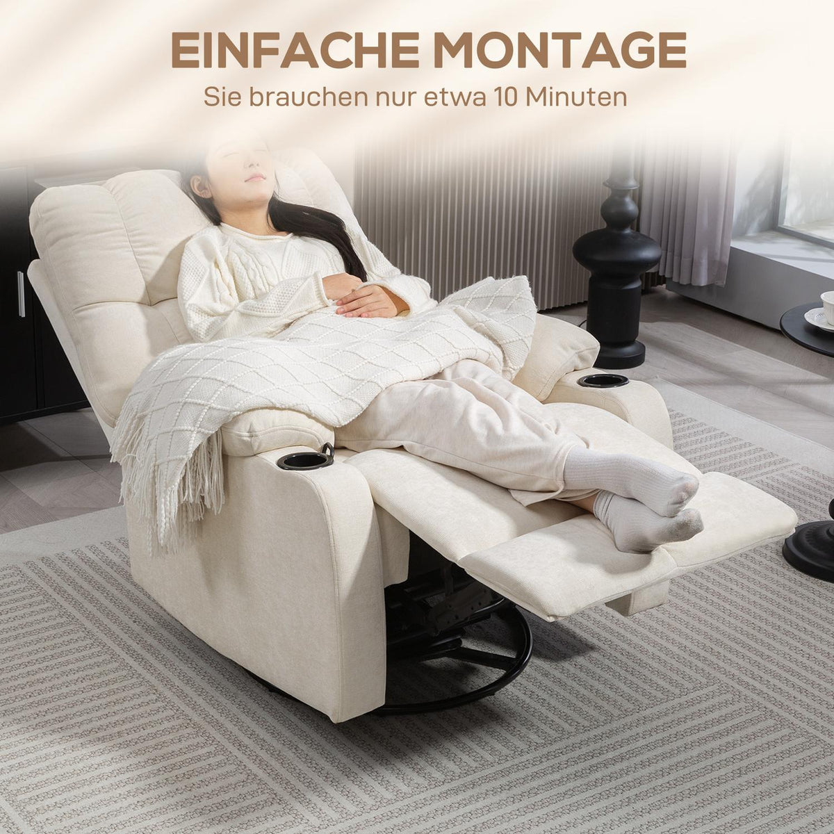 Relaxation chair TV chair with reclining function, rocking function, rotating TV chair with footrest, pocket spring core and cup holder, for living room, beige
