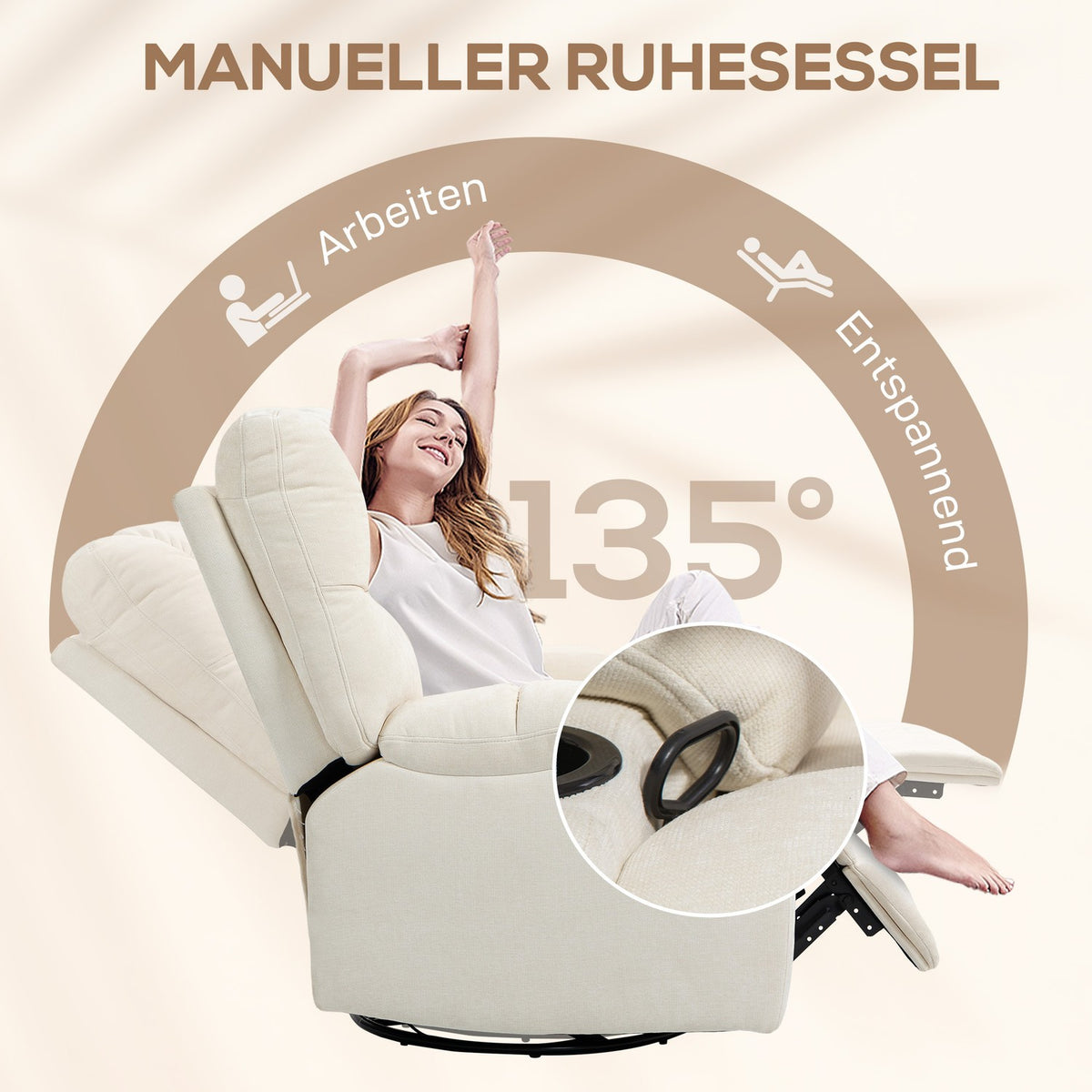 Relaxation chair TV chair with reclining function, rocking function, rotating TV chair with footrest, pocket spring core and cup holder, for living room, beige