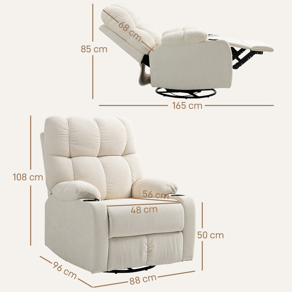 Relaxation chair TV chair with reclining function, rocking function, rotating TV chair with footrest, pocket spring core and cup holder, for living room, beige