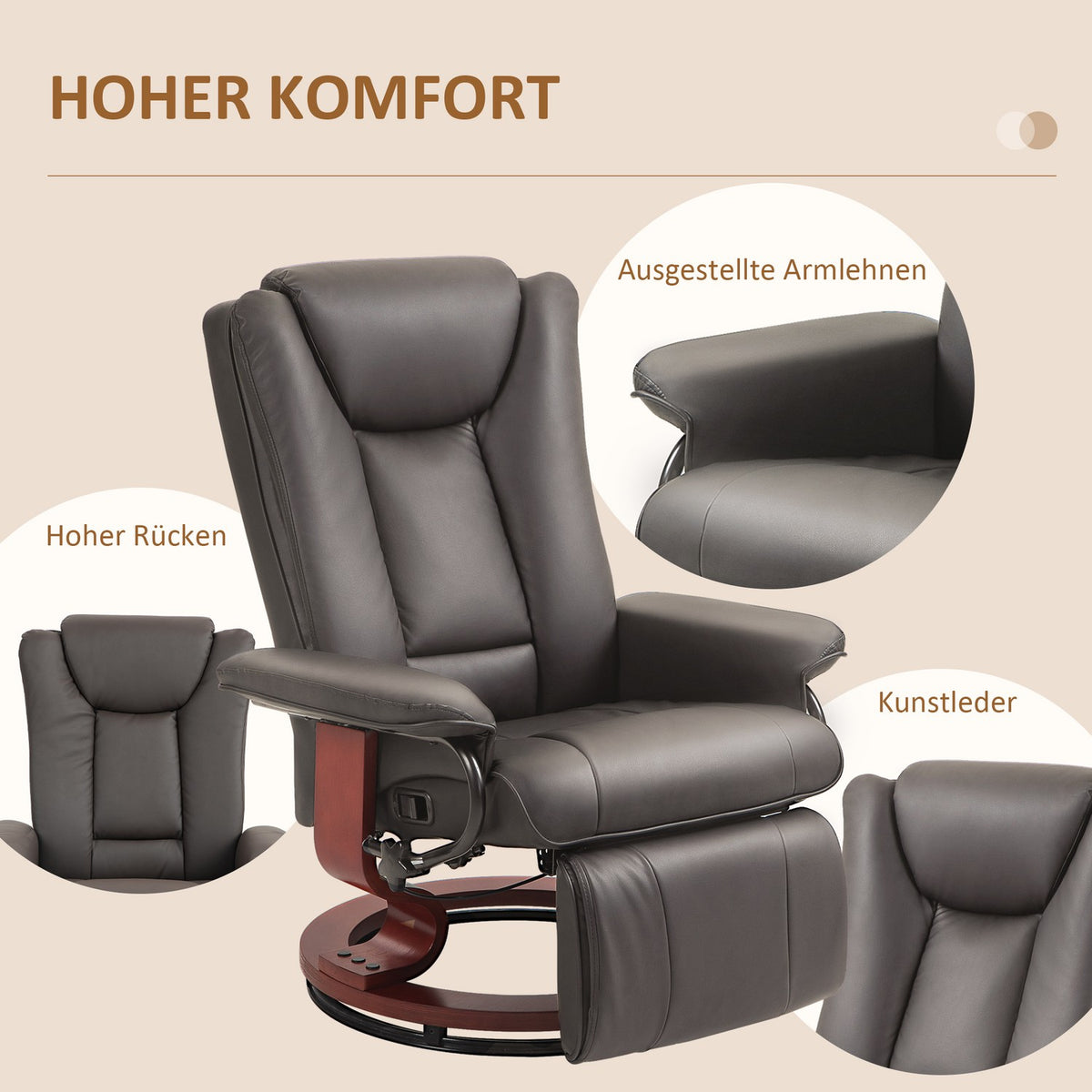 Relaxation chair, TV chair with reclining function, rotating recliner, TV chair with adjustable backrest, reclining chair, load-bearing up to 150 kg, faux leather, brown