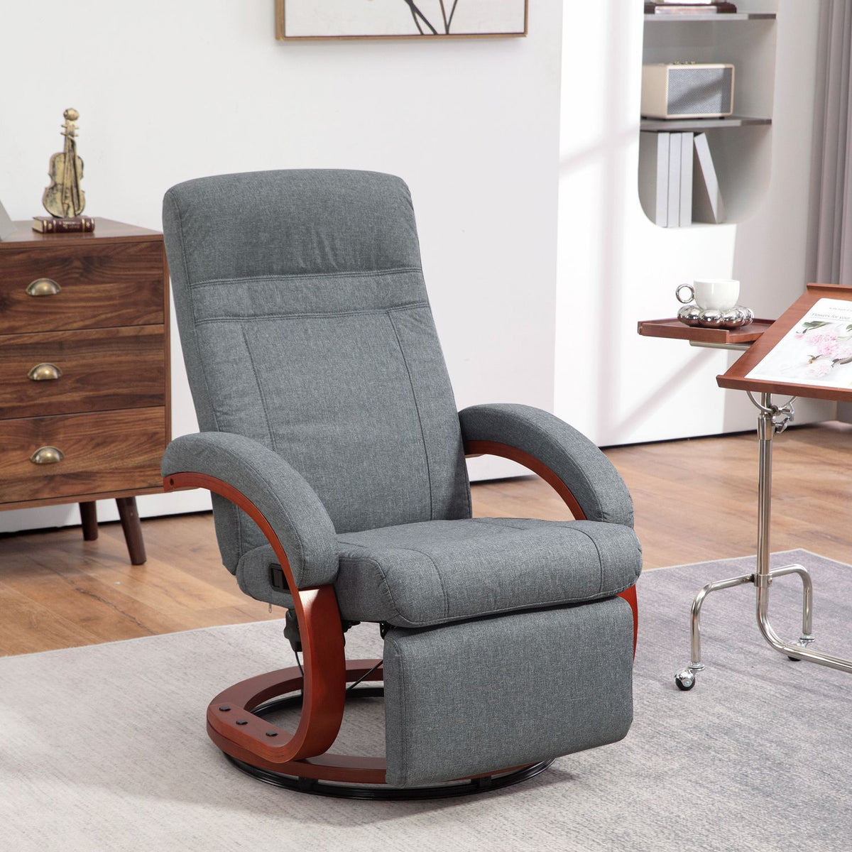Relaxation chair TV chair with reclining function, wooden armrest, swivel recliner TV chair with adjustable backrest, reclining chair, fabric, gray