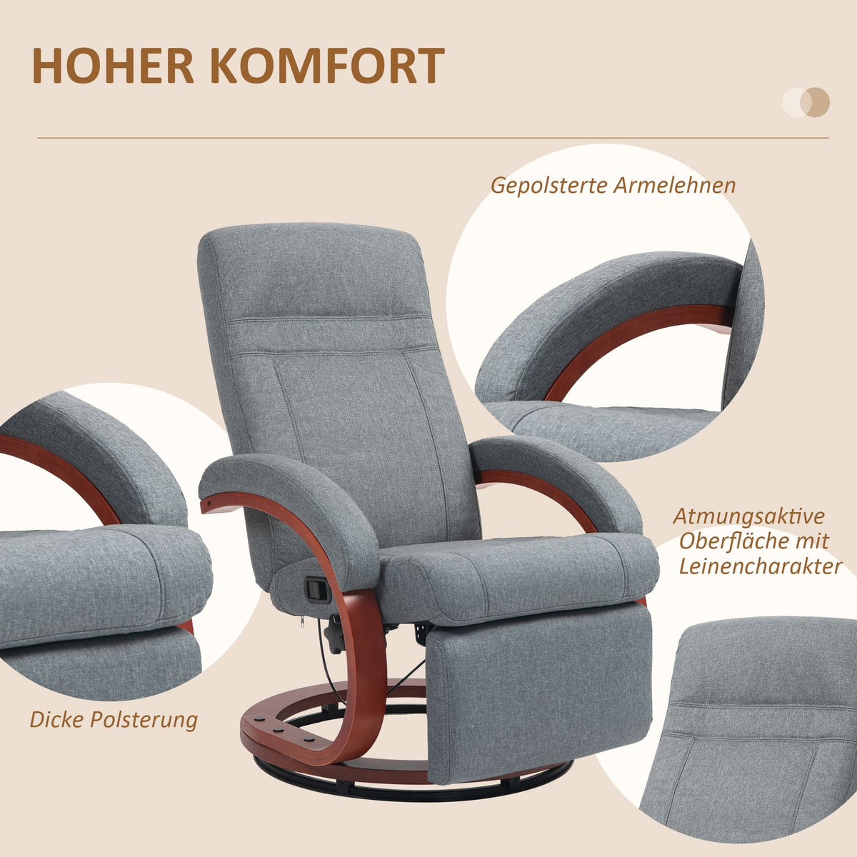 Relaxation chair TV chair with reclining function, wooden armrest, swivel recliner TV chair with adjustable backrest, reclining chair, fabric, gray
