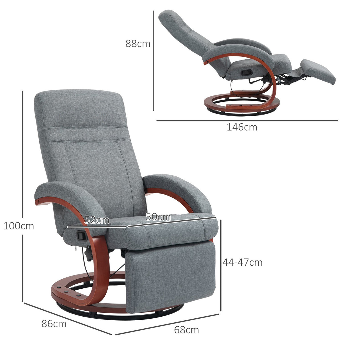 Relaxation chair TV chair with reclining function, wooden armrest, swivel recliner TV chair with adjustable backrest, reclining chair, fabric, gray
