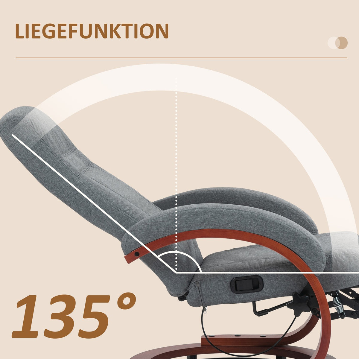 Relaxation chair TV chair with reclining function, wooden armrest, swivel recliner TV chair with adjustable backrest, reclining chair, fabric, gray