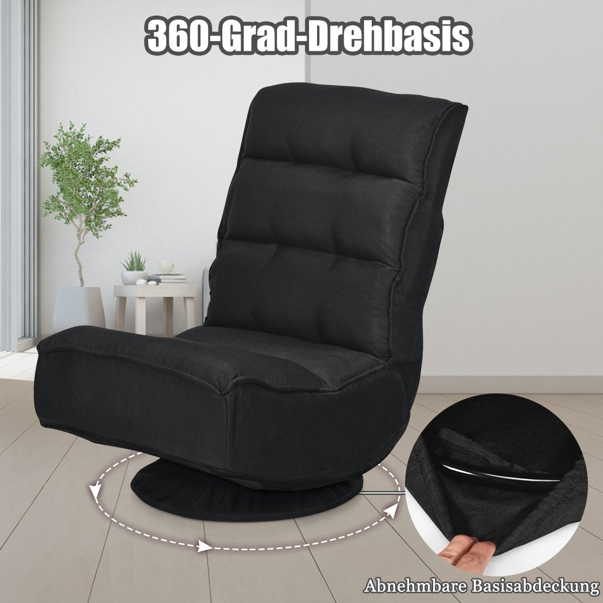 Relaxation chair, adjustable, folding chair, rotatable floor chair, sofa chair, floor cushion, black
