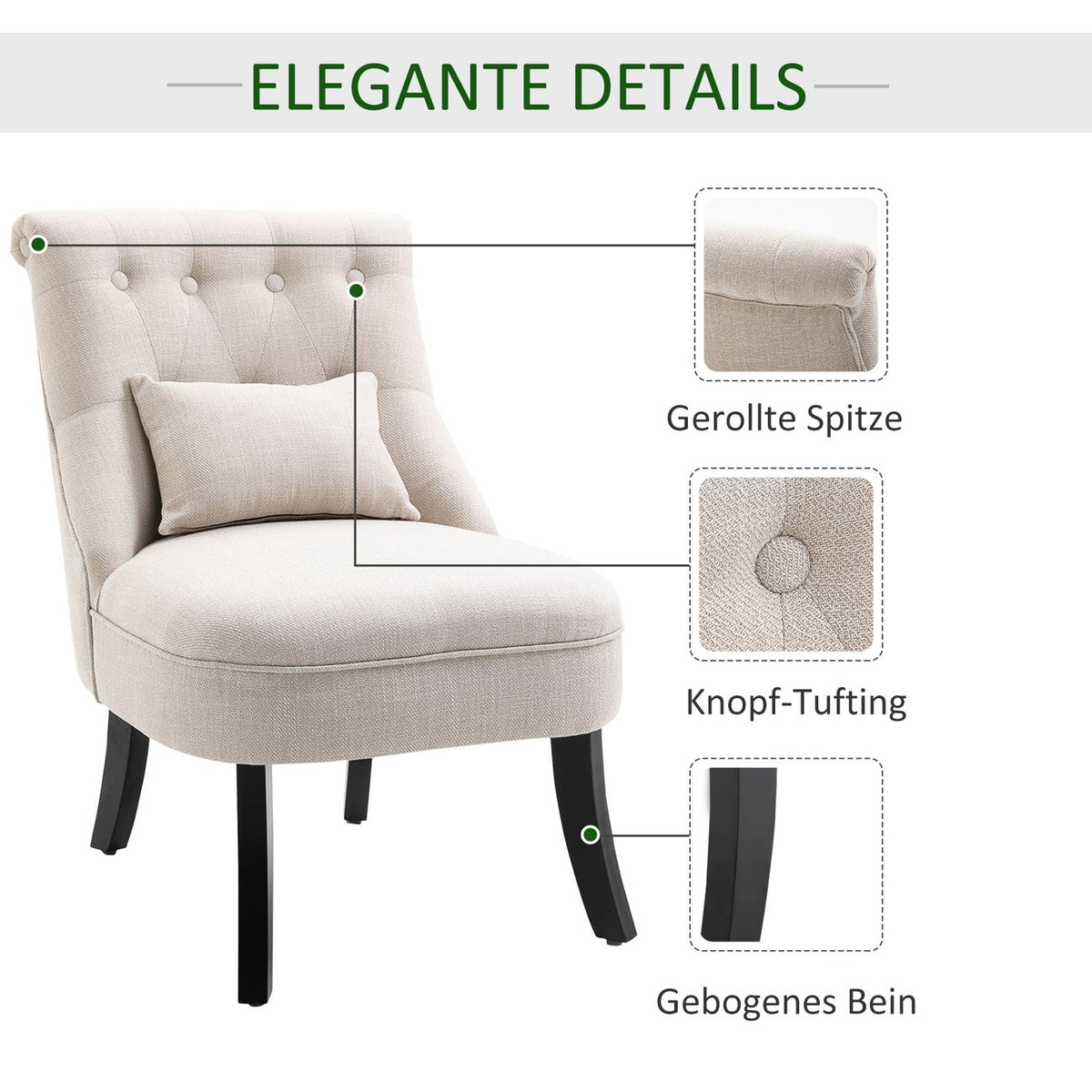Relaxation chair, armchair with back cushion, lounge chair with linen look, wooden legs, for living room, bedroom, 52.5 x 69 x 77 cm, cream white