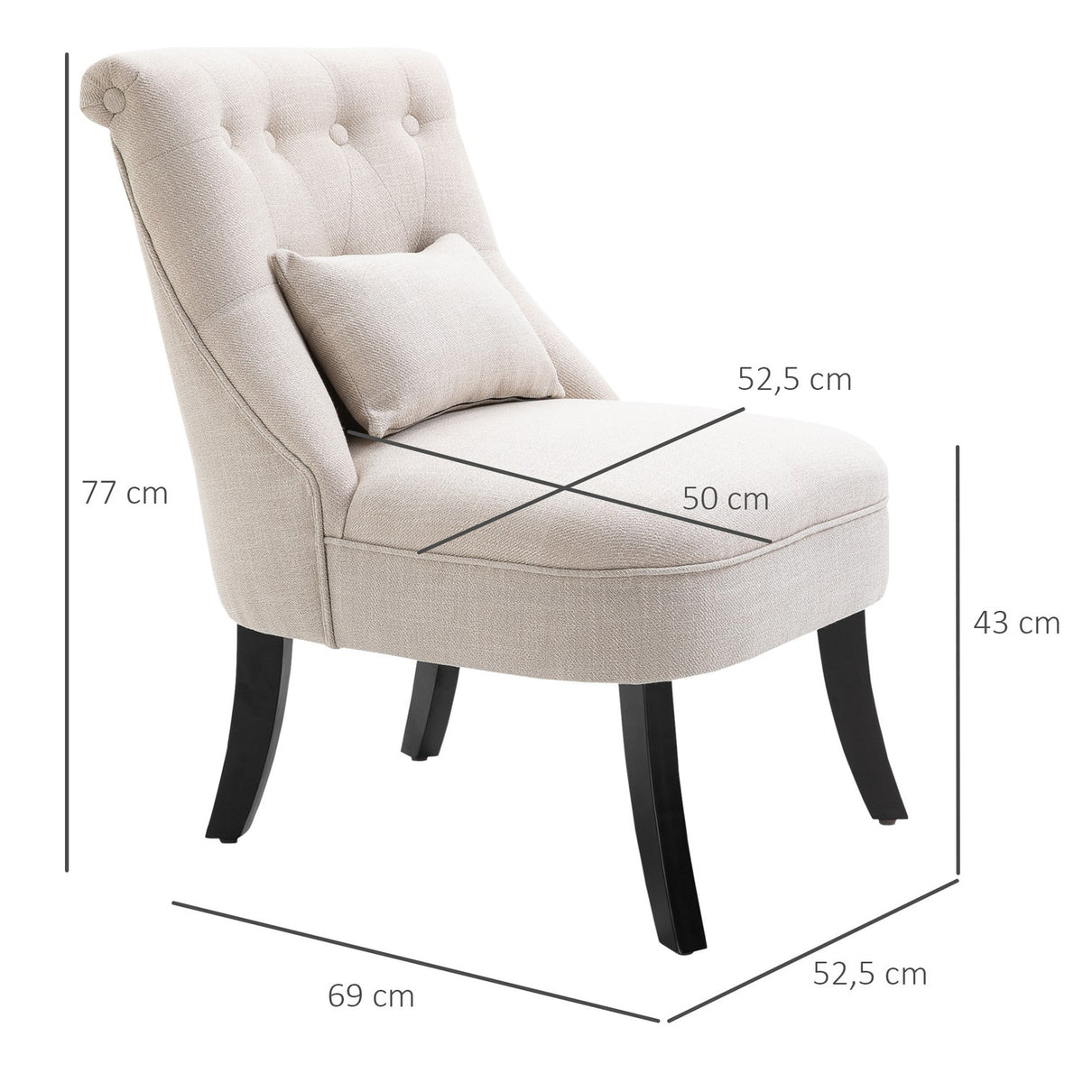 Relaxation chair, armchair with back cushion, lounge chair with linen look, wooden legs, for living room, bedroom, 52.5 x 69 x 77 cm, cream white