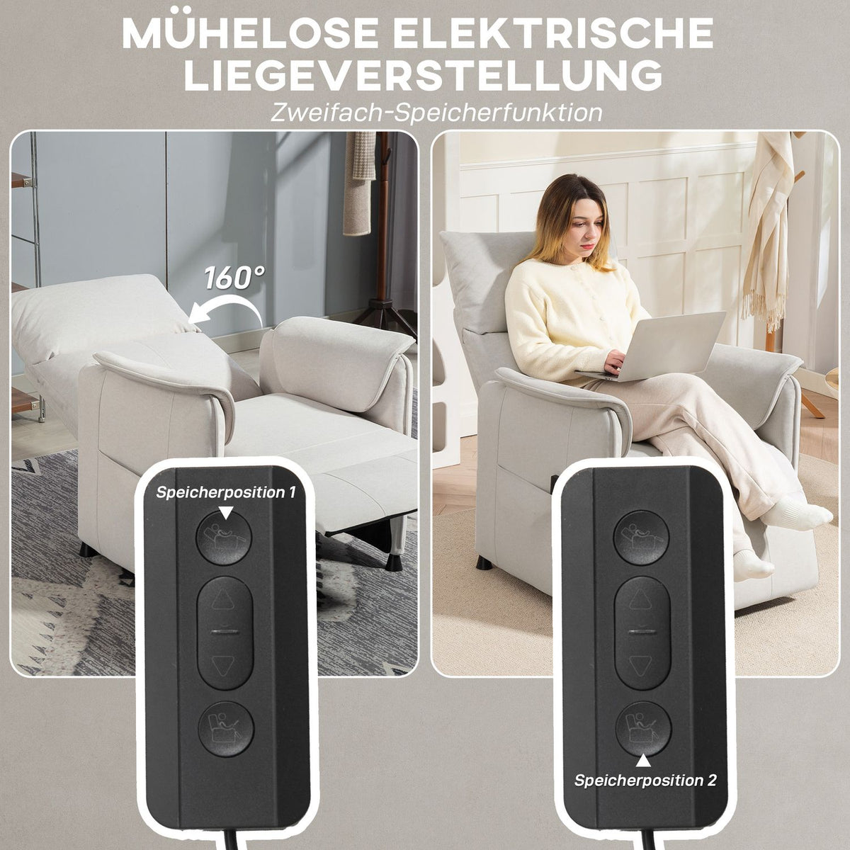 Relaxation chair electric TV chair with memory function, quieter noise, reclining function, adjustable reclining chair with pet-friendly imitation velvet, remote control cream |