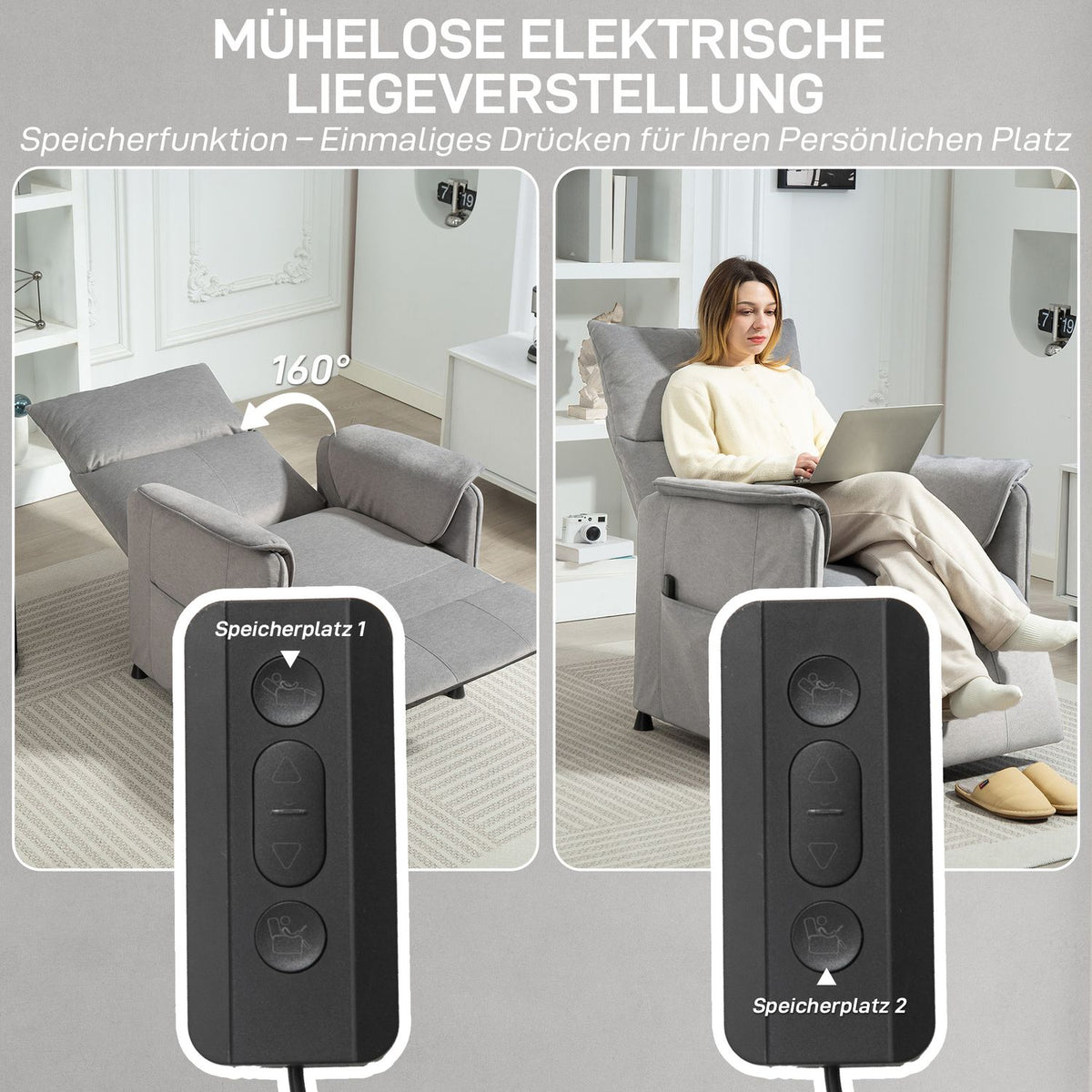 Relaxation chair electric TV chair with memory function, quieter noise, reclining function, adjustable reclining chair with pet-friendly imitation velvet, remote control gray |