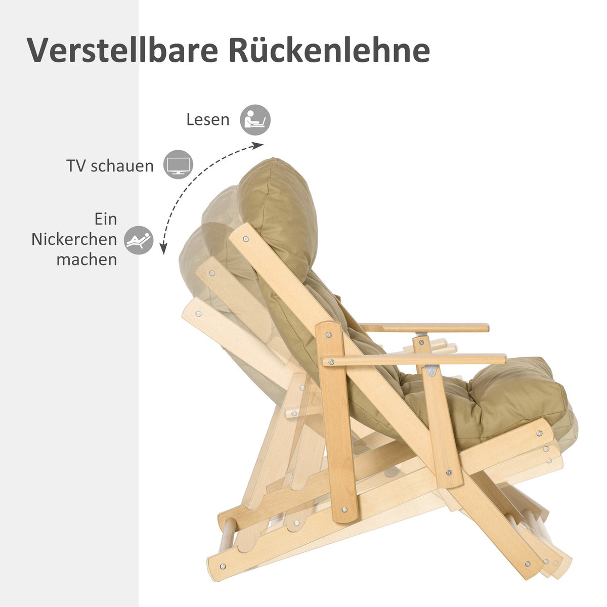Relaxation chair, folding upholstered chair, recliner, relaxation chair, dining chair with linen look for living room, beech wood, 71 x 89 x 96 cm brown