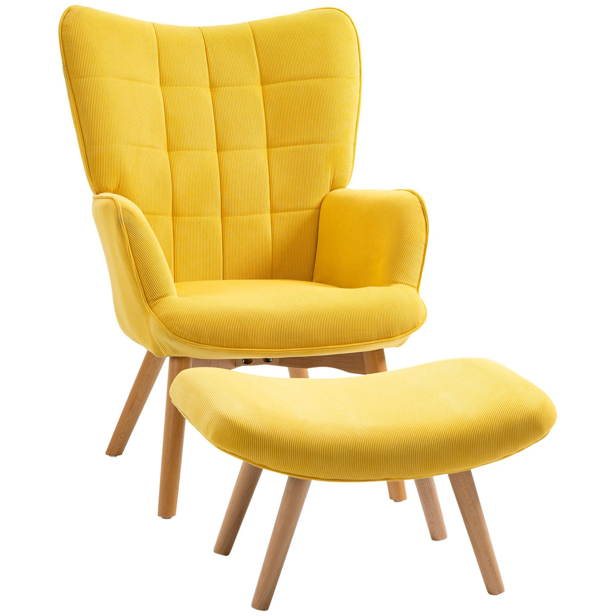 Relaxation chair, lounge chair, wing chair with stool, armchair with wooden legs in corduroy look, yellow