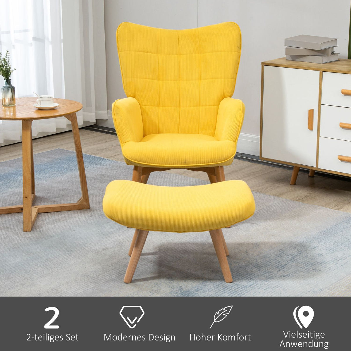 Relaxation chair, lounge chair, wing chair with stool, armchair with wooden legs in corduroy look, yellow