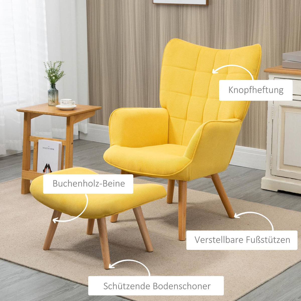 Relaxation chair, lounge chair, wing chair with stool, armchair with wooden legs in corduroy look, yellow