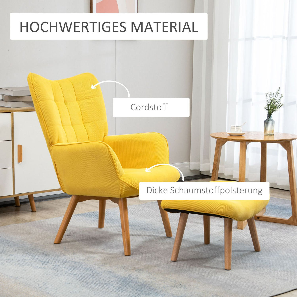 Relaxation chair, lounge chair, wing chair with stool, armchair with wooden legs in corduroy look, yellow