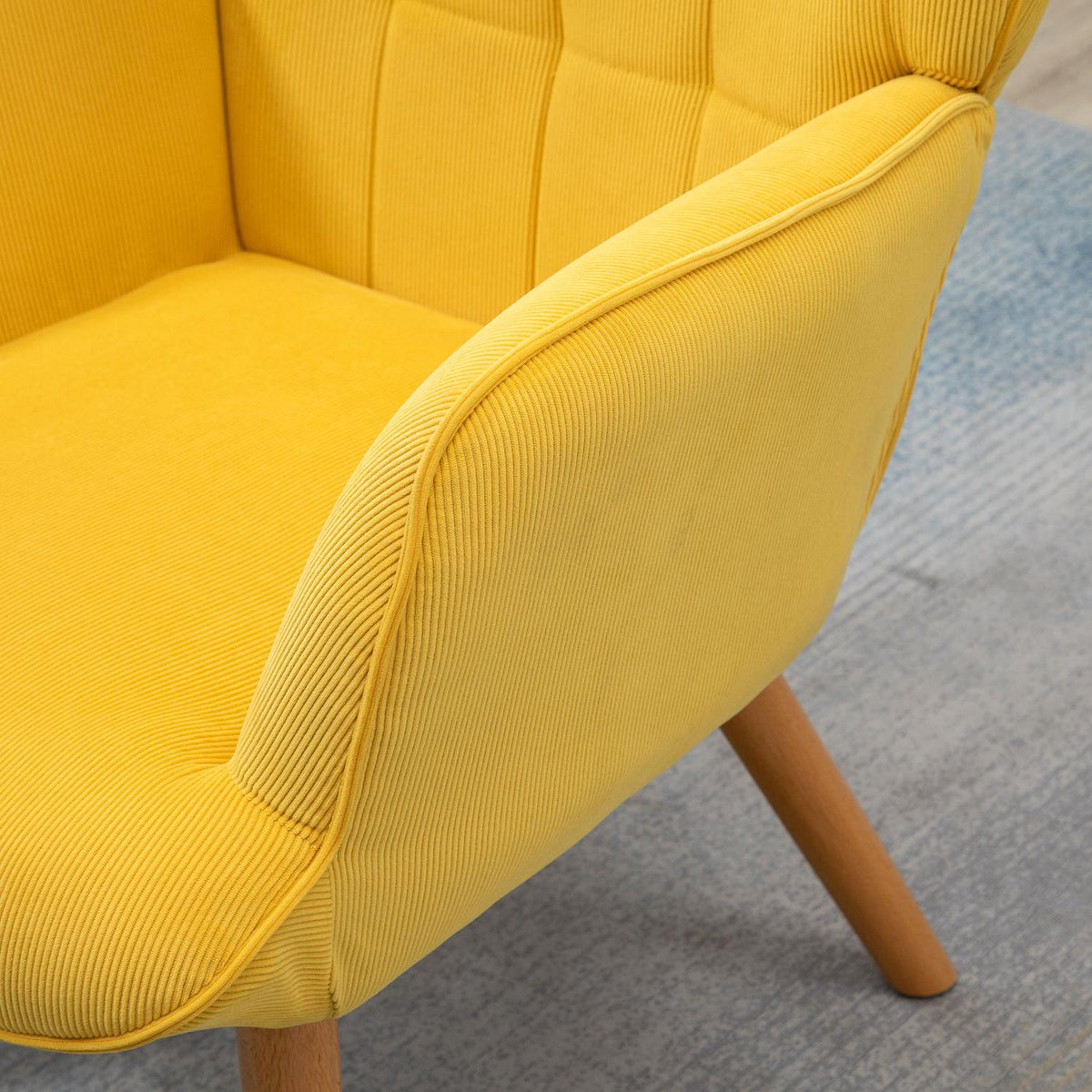 Relaxation chair, lounge chair, wing chair with stool, armchair with wooden legs in corduroy look, yellow
