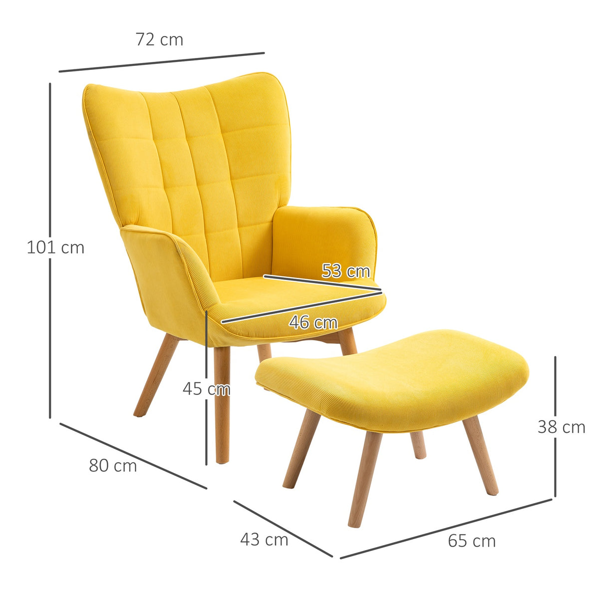 Relaxation chair, lounge chair, wing chair with stool, armchair with wooden legs in corduroy look, yellow