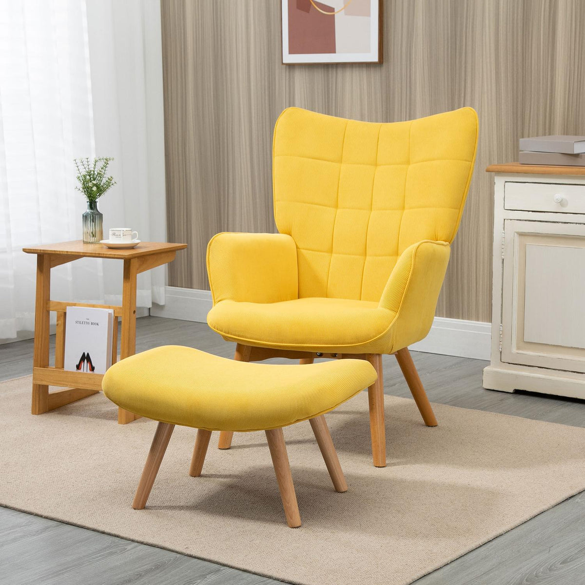 Relaxation chair, lounge chair, wing chair with stool, armchair with wooden legs in corduroy look, yellow
