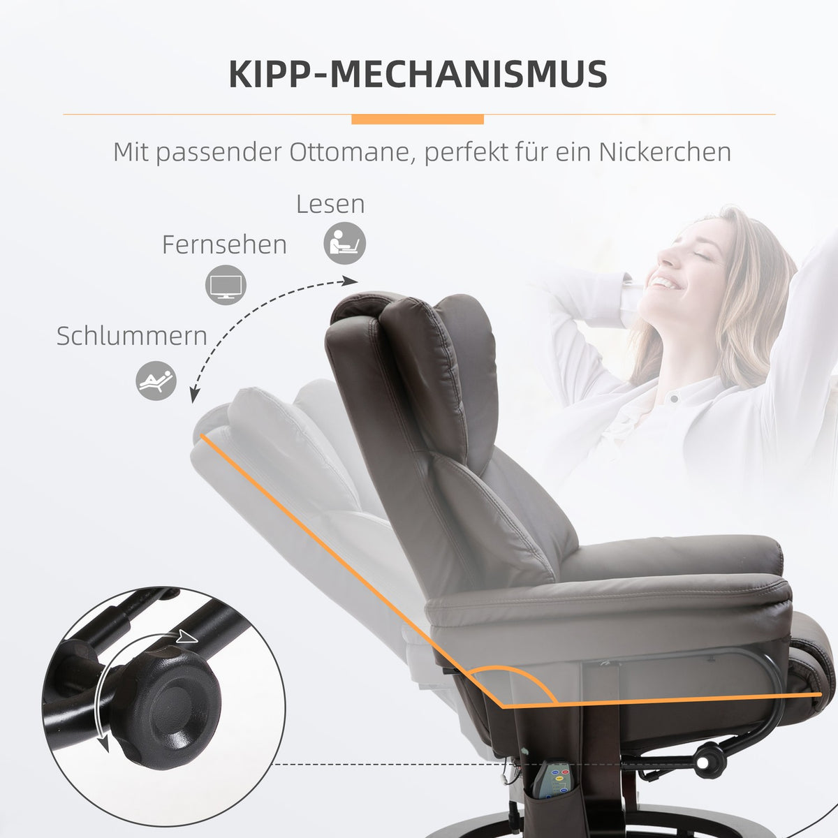 Relaxation chair, massage chair, armchair with footstool, reclining function, faux leather, brown, 79 x 82 x 101 cm