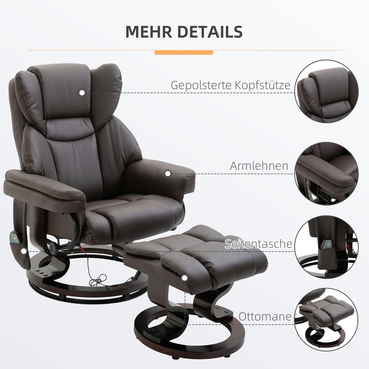 Relaxation chair, massage chair, armchair with footstool, reclining function, faux leather, brown, 79 x 82 x 101 cm