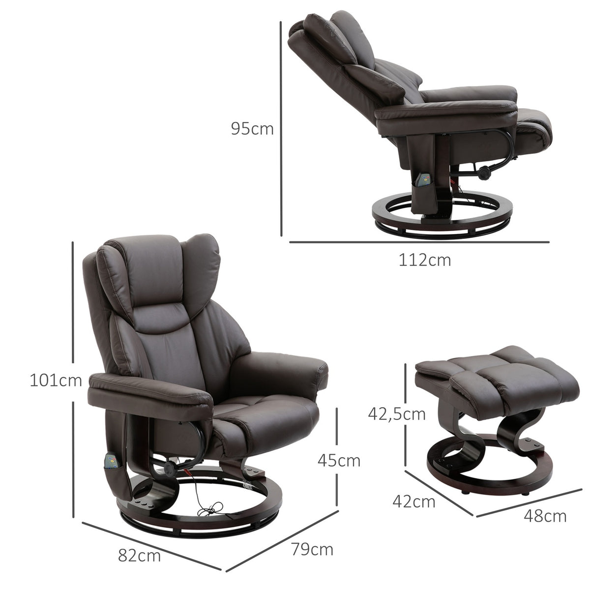 Relaxation chair, massage chair, armchair with footstool, reclining function, faux leather, brown, 79 x 82 x 101 cm
