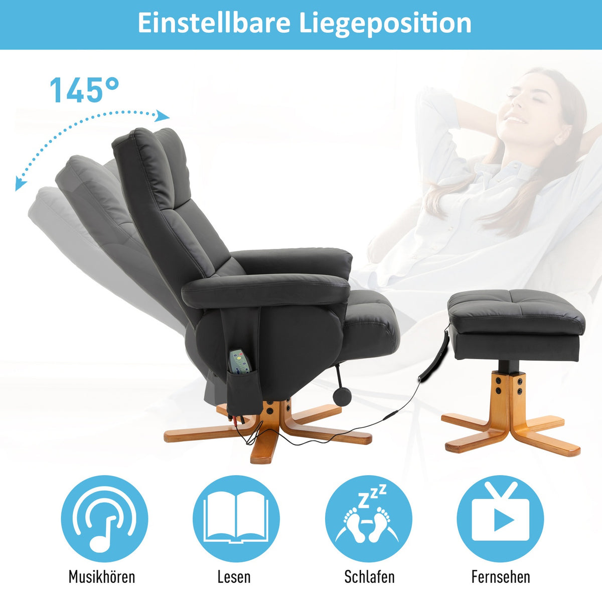 Relaxation chair, massage chair with footstool, TV chair, 145° tilt, 10 vibration points, faux leather, black