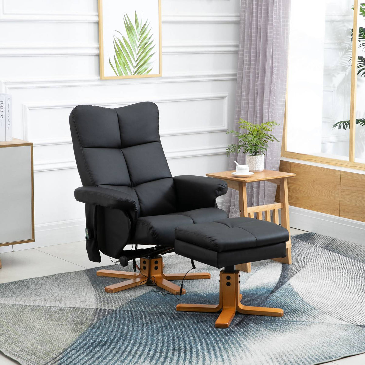 Relaxation chair, massage chair with footstool, TV chair, 145° tilt, 10 vibration points, faux leather, black