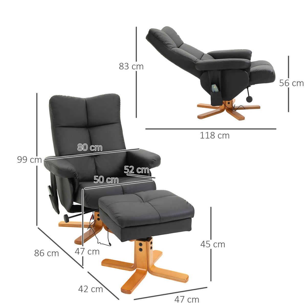 Relaxation chair, massage chair with footstool, TV chair, 145° tilt, 10 vibration points, faux leather, black