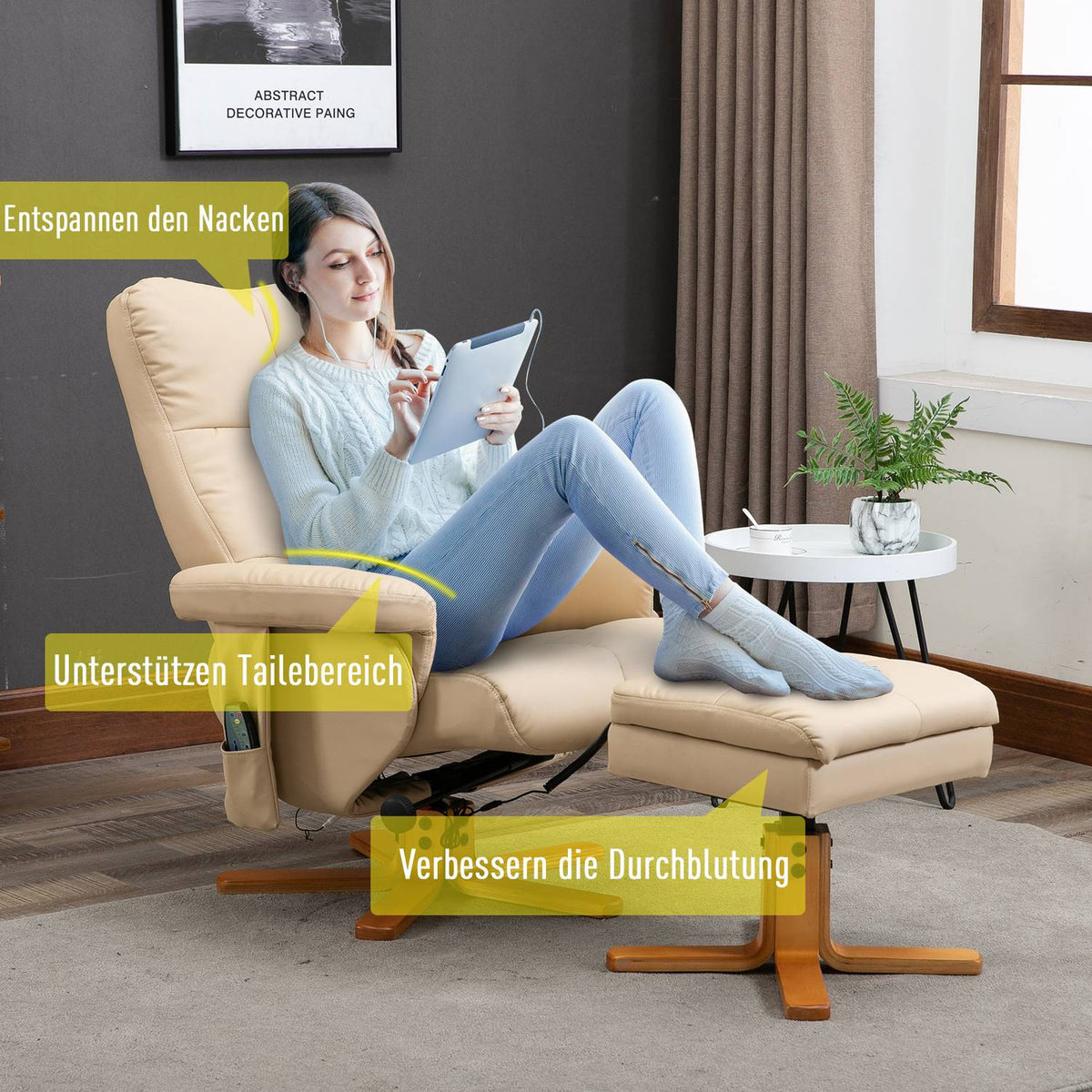 Relaxation chair, massage chair with footstool, TV chair, 145° tilt, recliner, faux leather, cream white