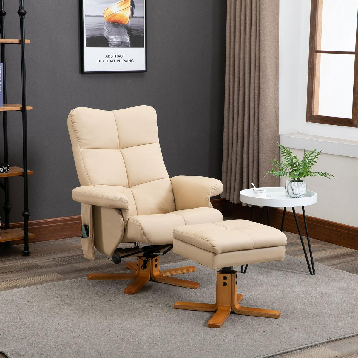 Relaxation chair, massage chair with footstool, TV chair, 145° tilt, recliner, faux leather, cream white