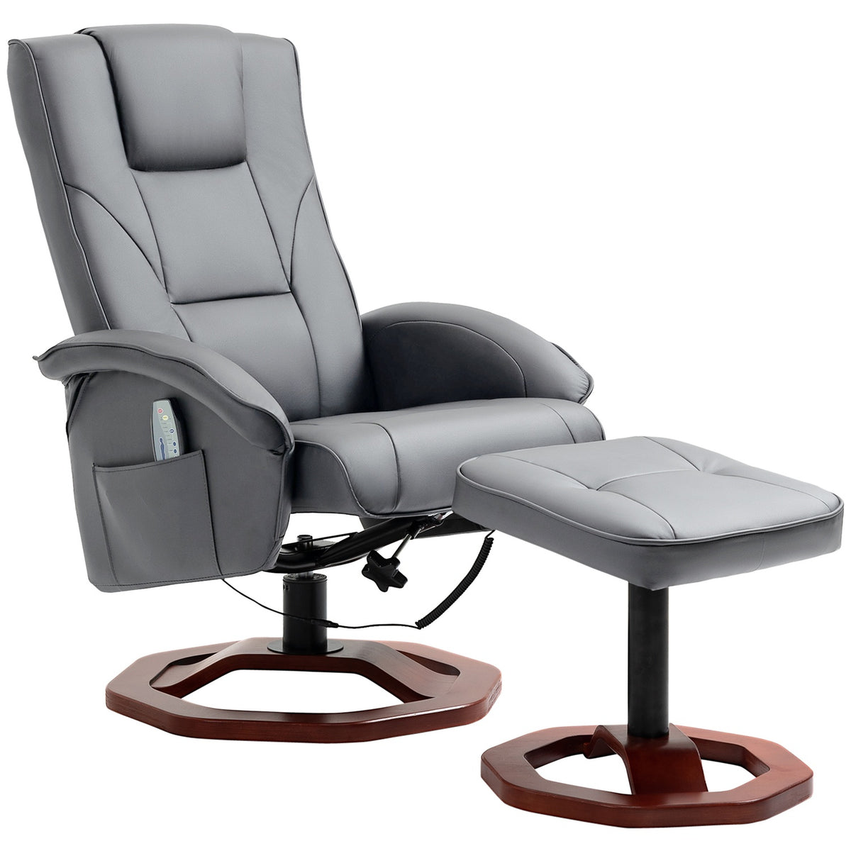 Relaxation chair, massage chair with stool, TV chair with reclining function, 360° rotatable with side pocket, faux leather, 73 x 83 x 106cm, dark grey