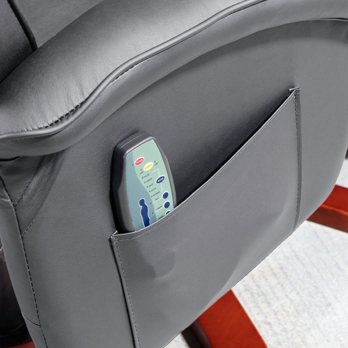 Relaxation chair, massage chair with stool, TV chair with reclining function, 360° rotatable with side pocket, faux leather, 73 x 83 x 106cm, dark grey