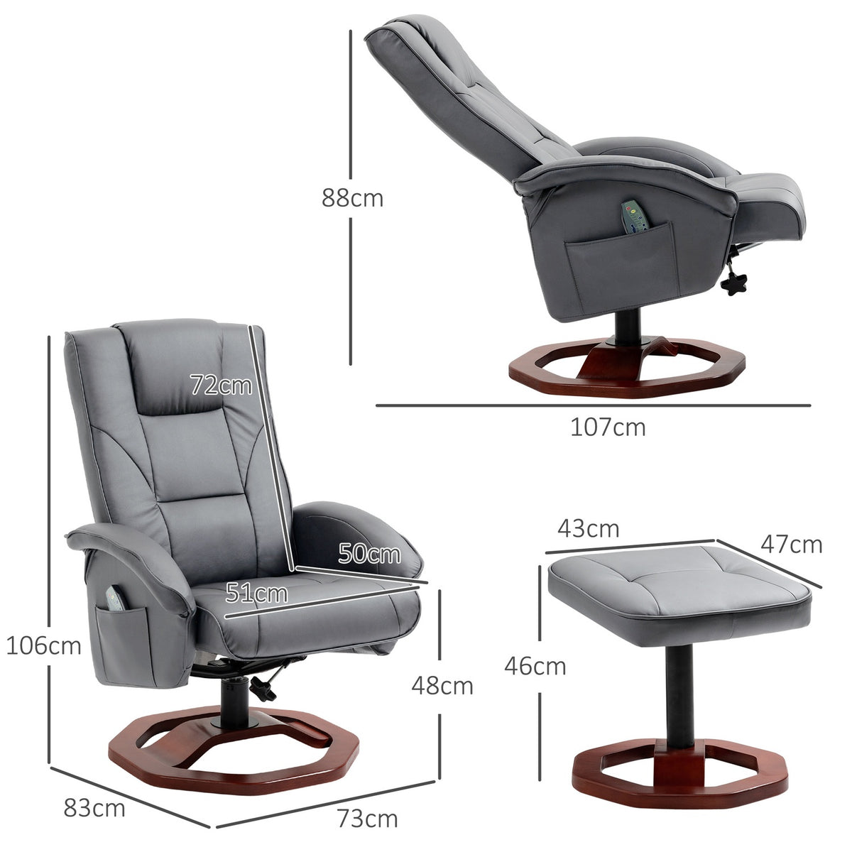 Relaxation chair, massage chair with stool, TV chair with reclining function, 360° rotatable with side pocket, faux leather, 73 x 83 x 106cm, dark grey