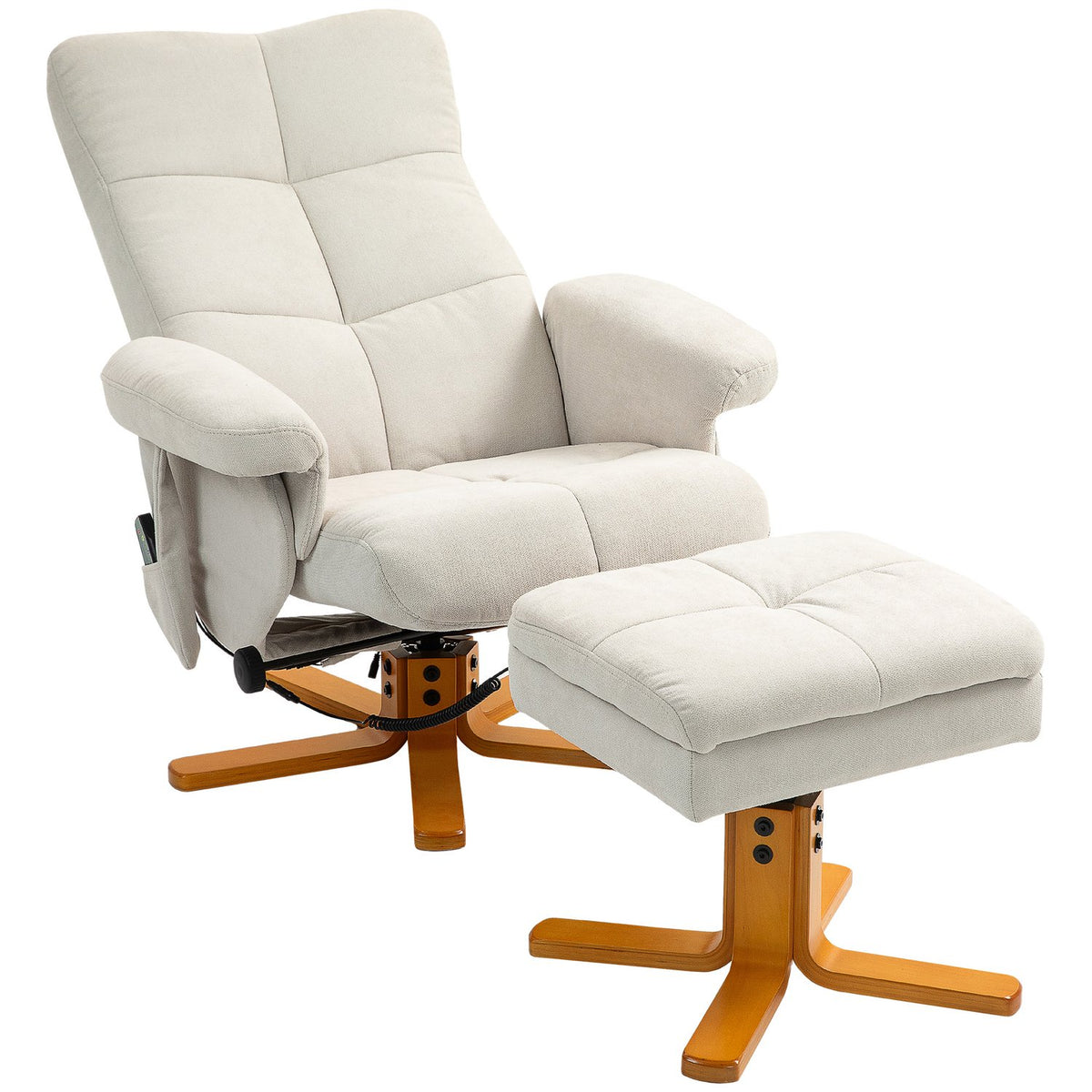 Relaxation chair, massage chair with stool and storage space, TV chair with reclining function, 360° rotatable with side pocket, faux leather, 80 x 86 x 99cm, cream white