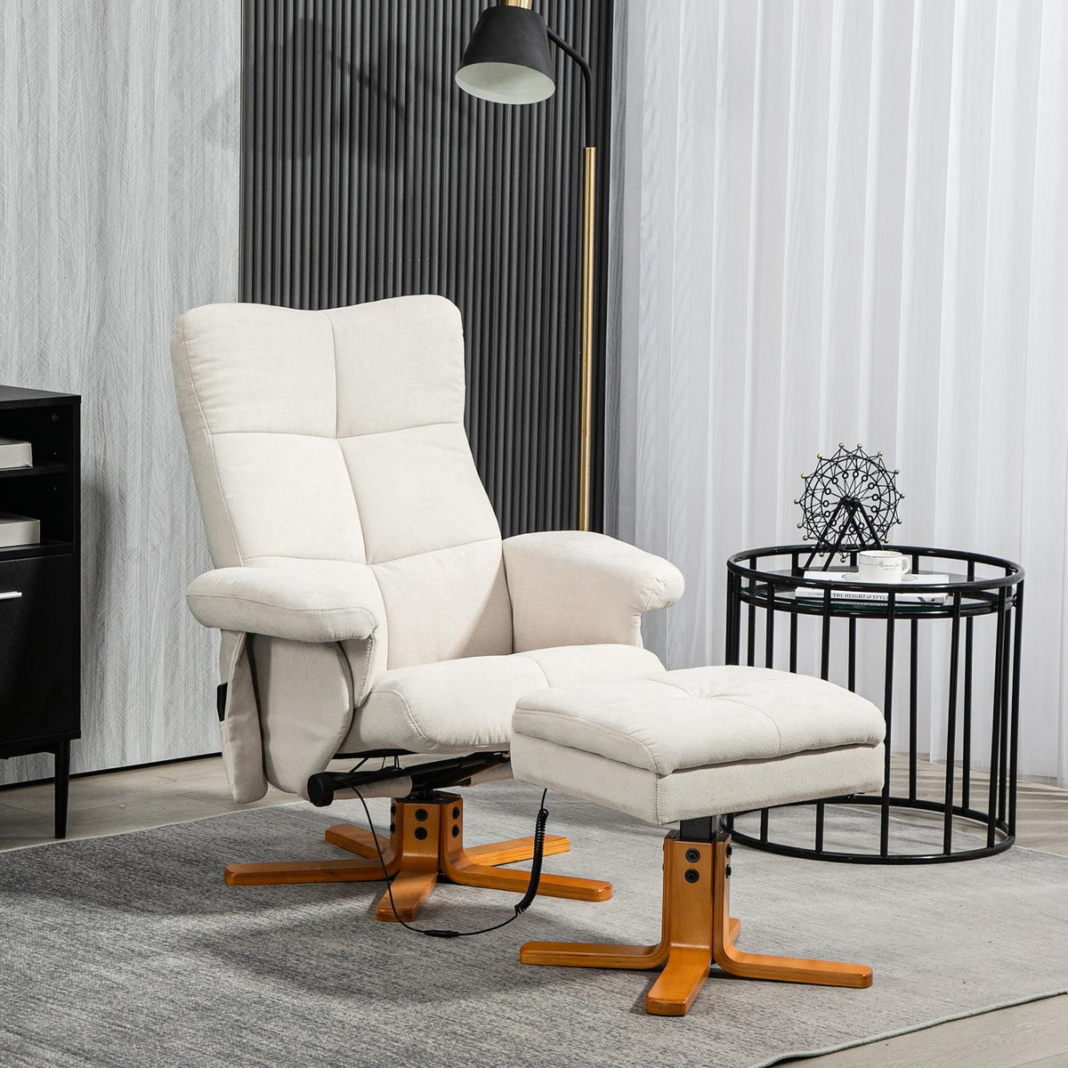 Relaxation chair, massage chair with stool and storage space, TV chair with reclining function, 360° rotatable with side pocket, faux leather, 80 x 86 x 99cm, cream white