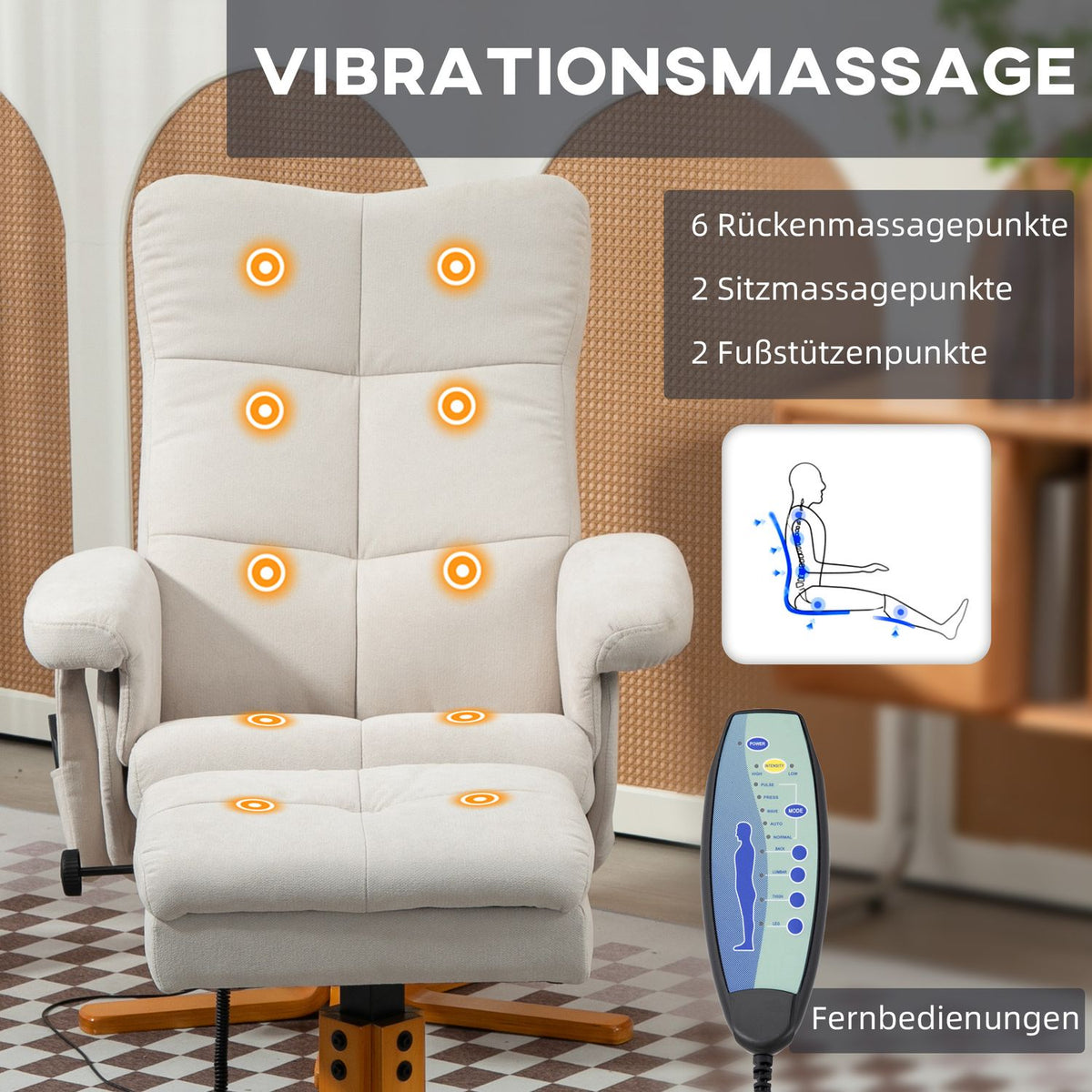 Relaxation chair, massage chair with stool and storage space, TV chair with reclining function, 360° rotatable with side pocket, faux leather, 80 x 86 x 99cm, cream white