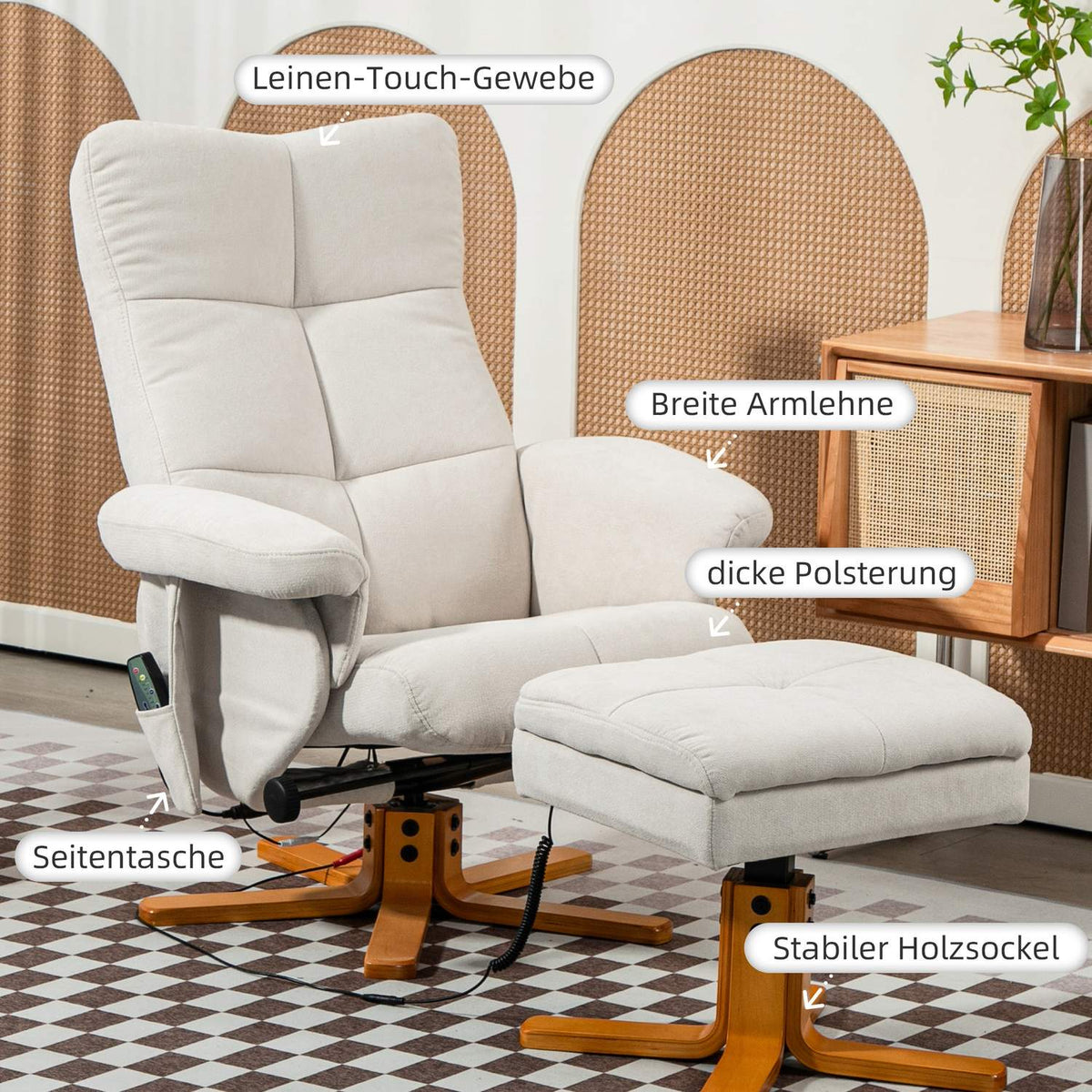 Relaxation chair, massage chair with stool and storage space, TV chair with reclining function, 360° rotatable with side pocket, faux leather, 80 x 86 x 99cm, cream white