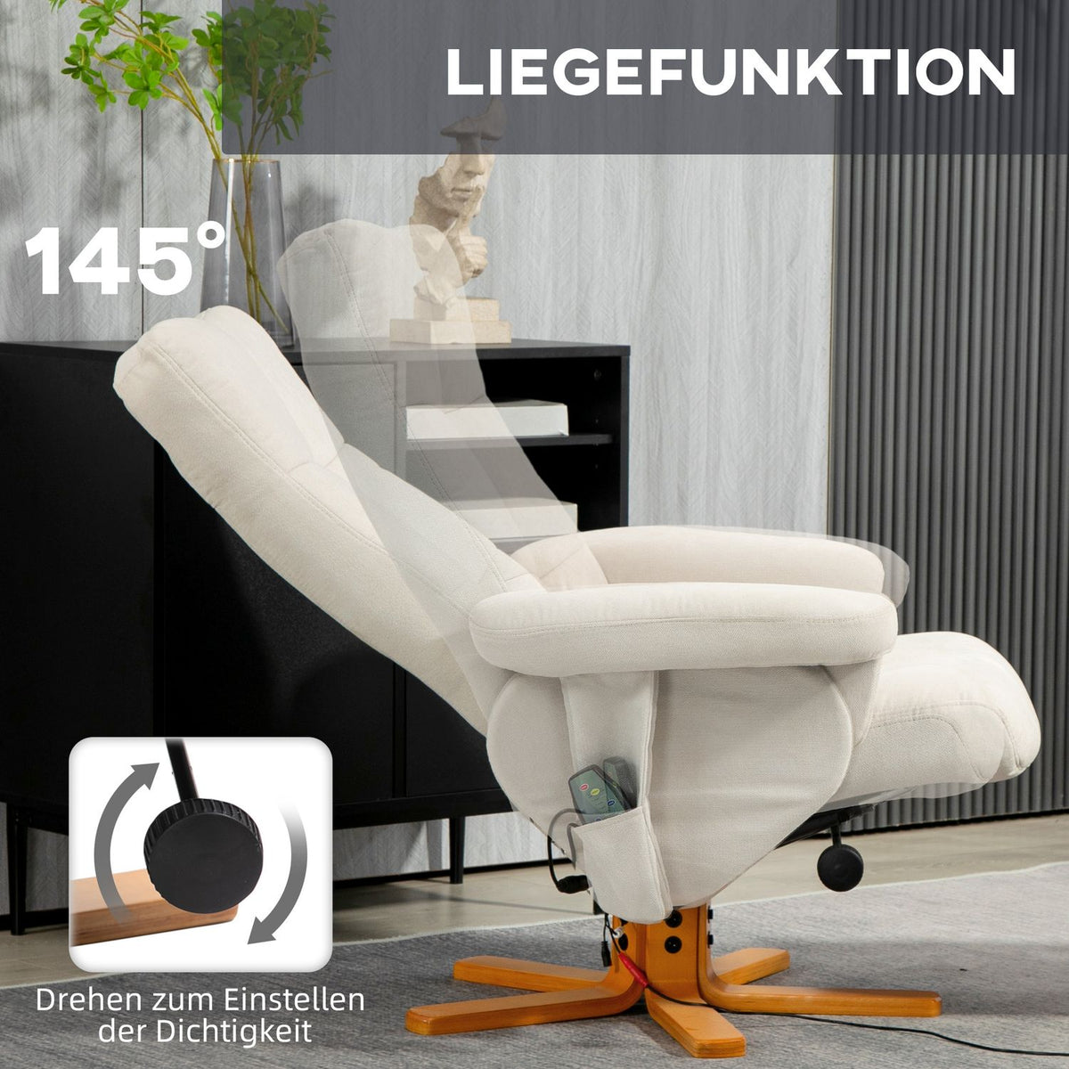 Relaxation chair, massage chair with stool and storage space, TV chair with reclining function, 360° rotatable with side pocket, faux leather, 80 x 86 x 99cm, cream white