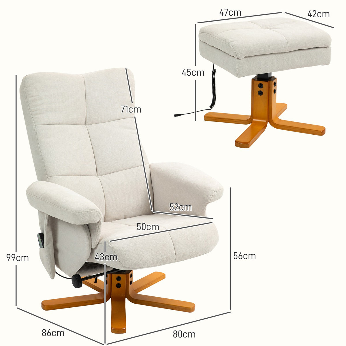 Relaxation chair, massage chair with stool and storage space, TV chair with reclining function, 360° rotatable with side pocket, faux leather, 80 x 86 x 99cm, cream white