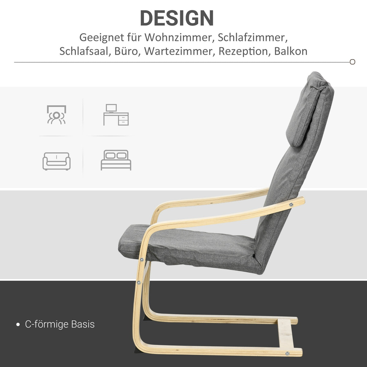 Relaxation chair, relaxation chair, recliner with pillows, swing chair, dining chair with linen look for living room, birch wood, dark gray 66.5 x 80 x 99cm