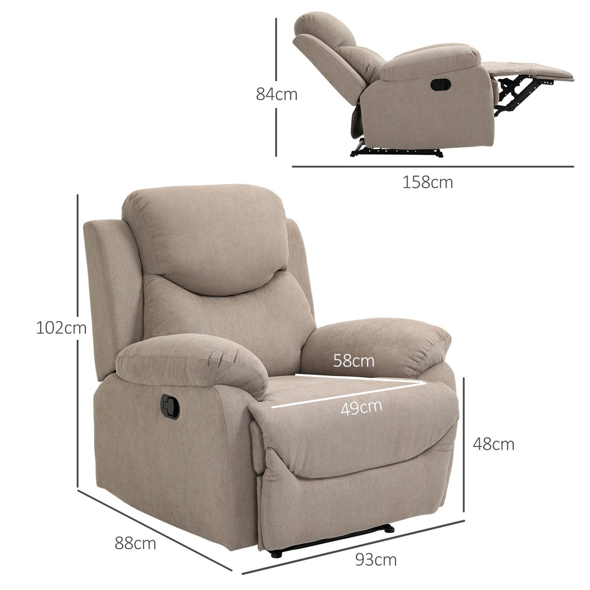 Relaxation chair single sofa lounger with 150° inclination, TV chair in linen look, beige, 97x96x105.5cm