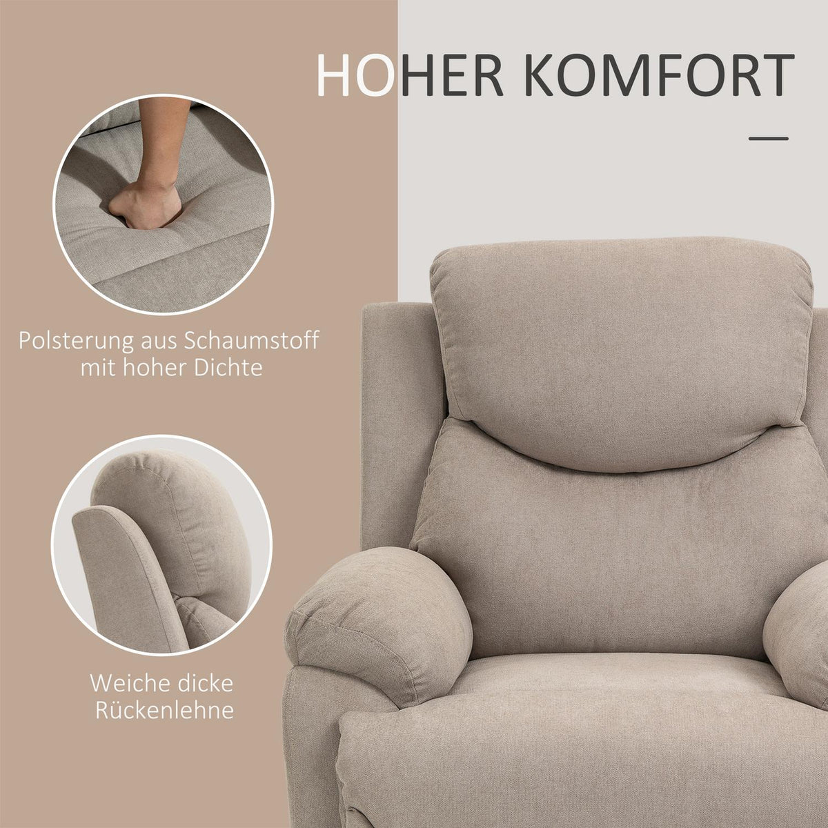 Relaxation chair single sofa lounger with 150° inclination, TV chair in linen look, beige, 97x96x105.5cm