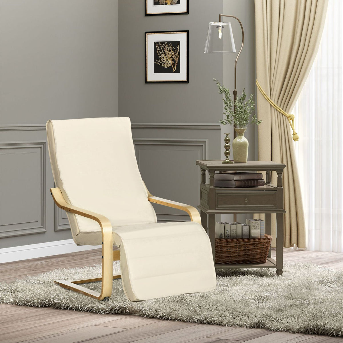 Relaxation chair, swing chair, recliner, relaxation chair with adjustable footrest, dining chair with linen look for living room, birch wood, cream white 66.5 x 94 x 100cm