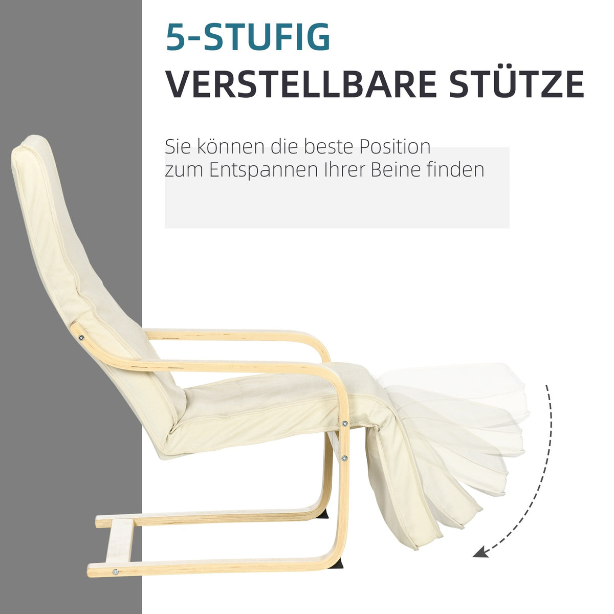 Relaxation chair, swing chair, recliner, relaxation chair with adjustable footrest, dining chair with linen look for living room, birch wood, cream white 66.5 x 94 x 100cm