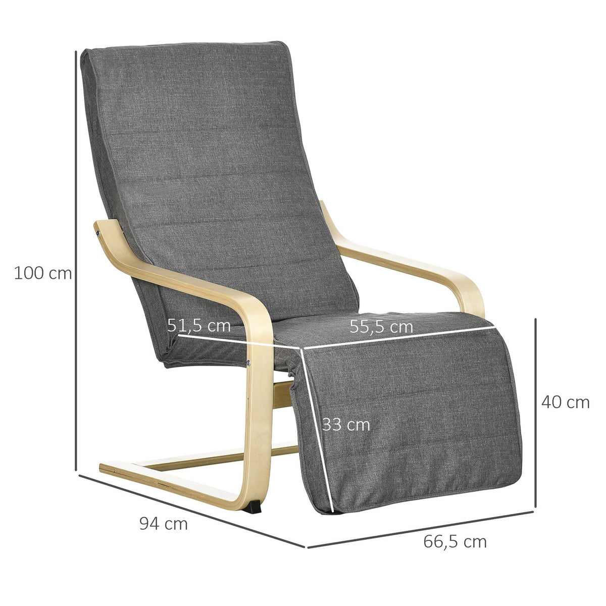 Relaxation chair, swing chair, recliner, relaxation chair with adjustable footrest, dining chair with linen look for living room, birch wood, gray 66.5 x 94 x 100cm